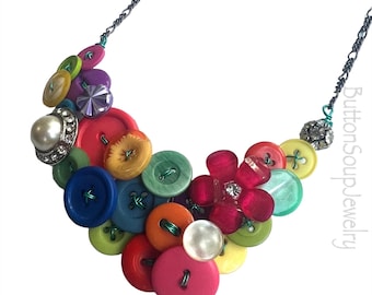 Colorful Sparkle Vintage Button Statement Necklace