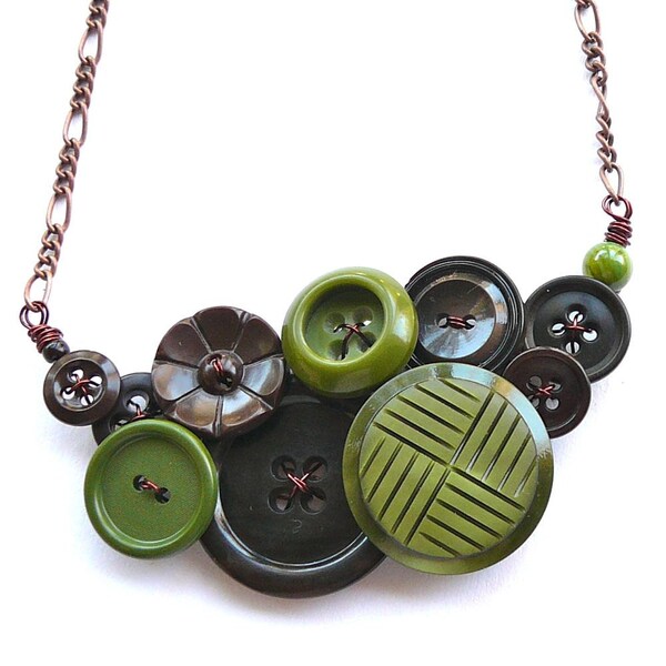 Button Necklace with Green and Brown Repurposed Vintage Buttons - Statement Jewelry