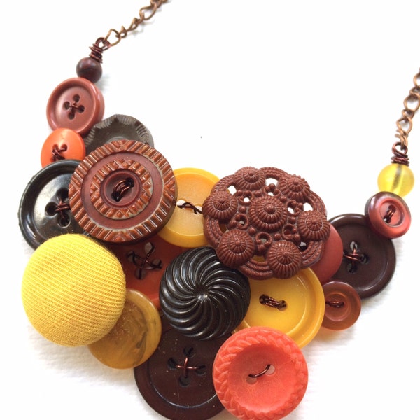 Autumn Necklace Button Jewelry Necklace with Rust, Pumpkin, and Mustard Colors