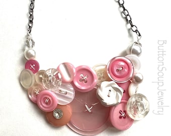 OOAK Fancy Pale Pink and Pearl Vintage Button Necklace