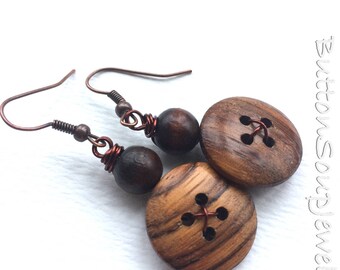 Wood Grain Earrings made with Vintage Buttons - Chunky Jewelry