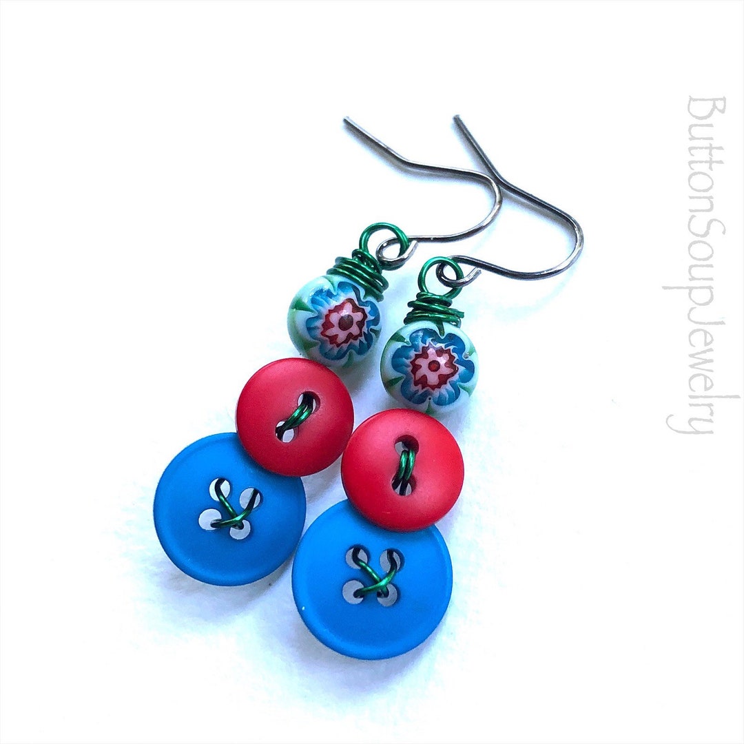 Blue and Red Vintage Button Earrings With Flower Beads Etsy