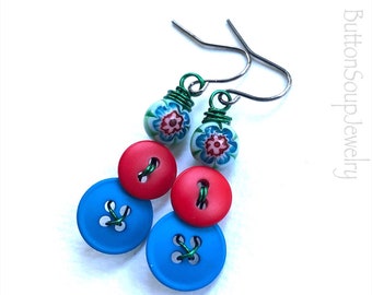 Blue and Red Vintage Button Earrings with Flower Beads