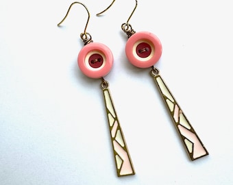 Pink Vintage Button Dangle Earrings with long triangle charms