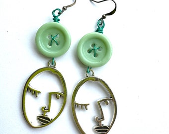 Sea Green Aqua Button Earrings with abstract faces