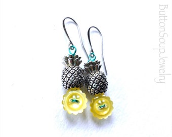 Yellow Vintage Buttons with pineapple beads Dangle Earrings