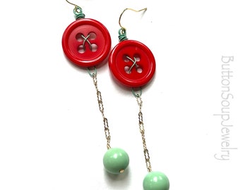 Long Earrings with Red Vintage Buttons, Chain, and Light Green Beads