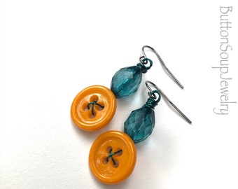 Mustard Yellow Button Earrings  with Teal wire