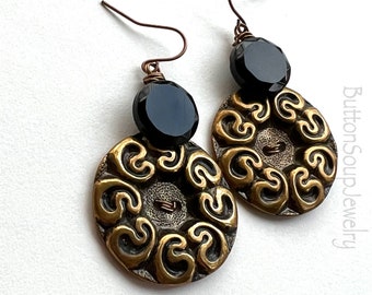 Metal Vintage Button Earrings with Black Beads