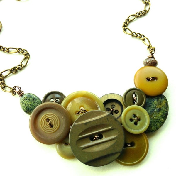 Vintage Button Necklace Woodland Goddess - Earth Tones Olive Green