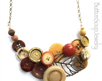 Large Funky Woodland Necklace with Brown, Tan, Off-White Vintage Buttons and Brass Leaf