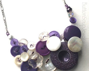 Violet Purple and White Vintage Button Statement Necklace