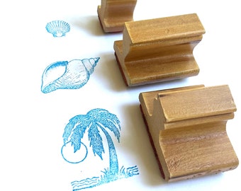 Vintage wood mounted rubber stamp seashell or palm tree