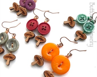 Vintage Button Earrings with Wooden Toadstool Mushrooms