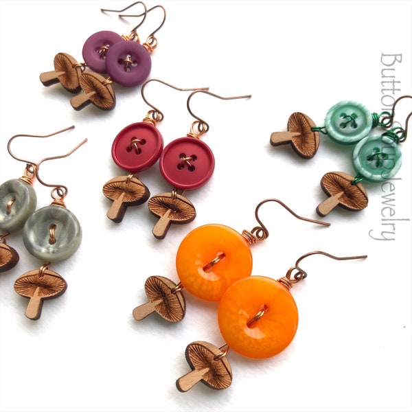 Vintage Button Earrings with Wooden Toadstool Mushrooms