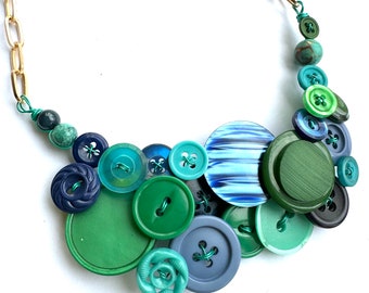 Funky Blue Teal Green Cool Colors Large Button Necklace Statement Jewelry