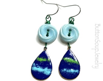 Light Blue Button Dangle Earrings with Enamel teardrop shapes