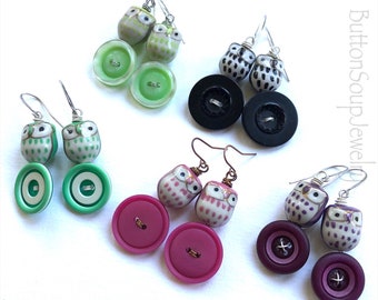 Vintage Button Earrings with Owl Beads