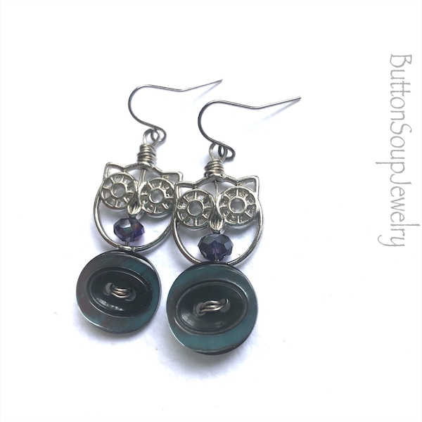 Boucles d’oreilles bouton vintage avec Owls Metallic Gray