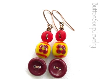 Bright Yellow Burgundy and Red Vintage Button Earrings