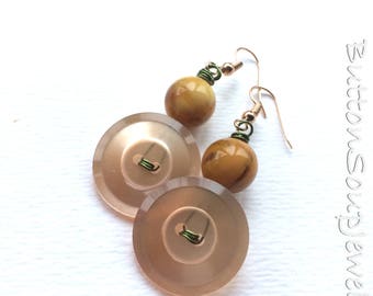 Peach and Mustard Yellow Vintage Button Earrings with Green Wire