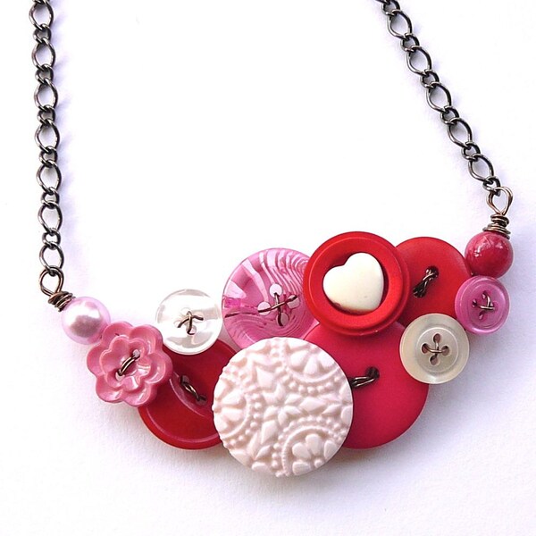 Red and Pink Love Vintage Button Statement Necklace, Valentines Hearts and Flowers