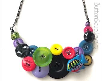 Colorful Tropical Fish Button Statement Necklace - Big Bright Colorful Bib Necklace