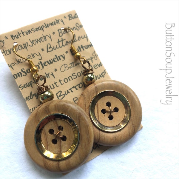 Wood Grain Earrings made with Vintage Buttons with Gold Accents