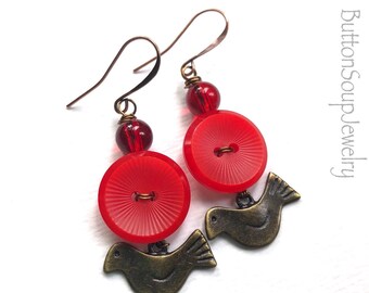 Red Button Dangle Earrings with Metal Birds