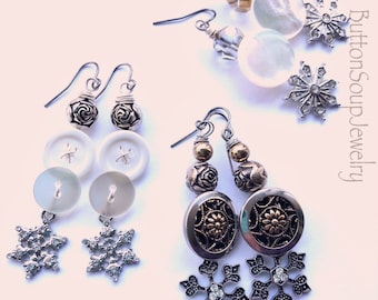 Winter Sparkle Statement Earrings Vintage Buttons, Beads, Snowflake Design