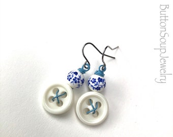 White Button Earrings with Blue Floral Patterned Beads