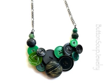 Funky Vintage Button Necklace in Shades of Green and Black