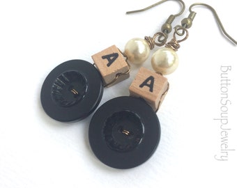 Personalized Letter Initial Earrings with Black Vintage Buttons and Pearl Beads