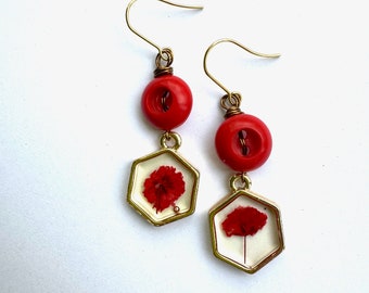 Red Vintage Button Dangle Earrings with Hexagon Flower Charms