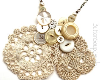 Something Old Something New - Vintage Button Statement Necklace with Crochet