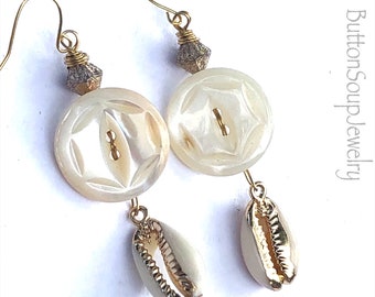 White Vintage Button Earrings with Cowrie Shell Charms