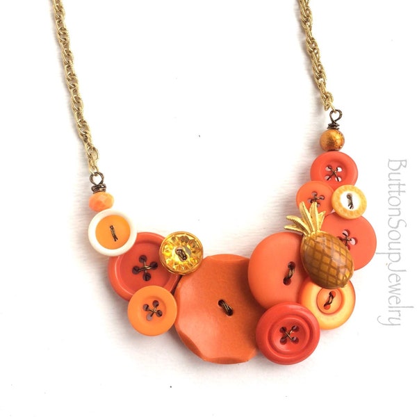 SALE Funky Pineapple Bright Orange Button Necklace