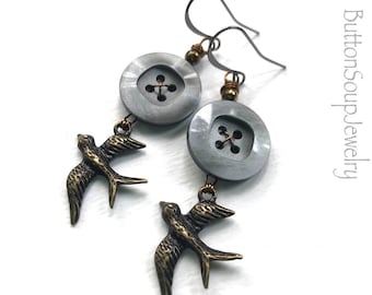 Gray Button Dangle Earrings with Metal Birds
