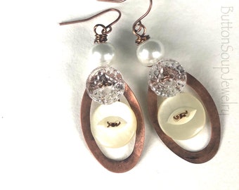 White Vintage Button Earrings with Pearly Beads and Copper Loops