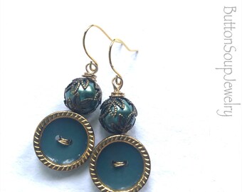 Teal and Brass Vintage Button Earrings with Beads