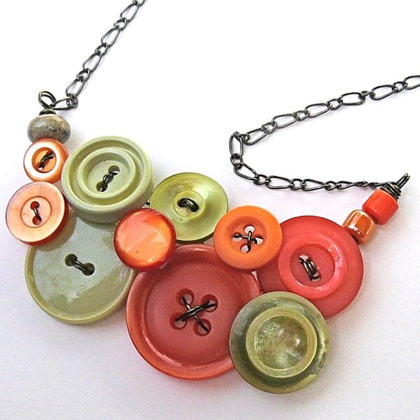 Orange and Cedar Green Vintage Button Necklace - Tropical Pop