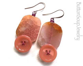 Big Peach and Pink Statement Earrings with Buttons and Agate stones