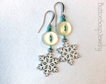 Winter White Button and Bead Earrings with Snowflakes and aqua wire