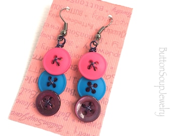 Pink Blue and Violet Vintage Button Earrings