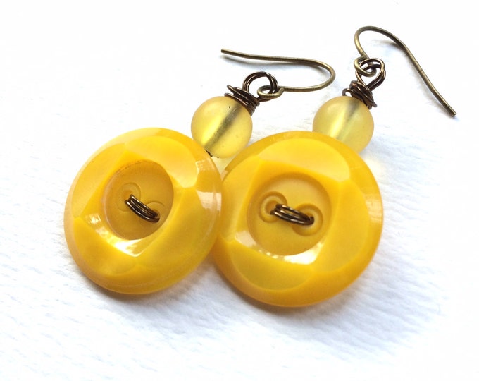 Bright Mustard Yellow Earrings From Upcycled Vintage Buttons Etsy