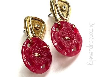 Burgundy Vintage Button Earrings with Gold tone posts