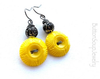 Yellow Vintage Button Dangle Earrings with beads