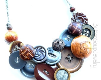 Mixed Materials Vintage Button Statement Necklace - Shades of Brown and Gray