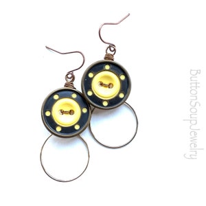 Funky Yellow Button Dangle Earrings with Geometric Circles image 1