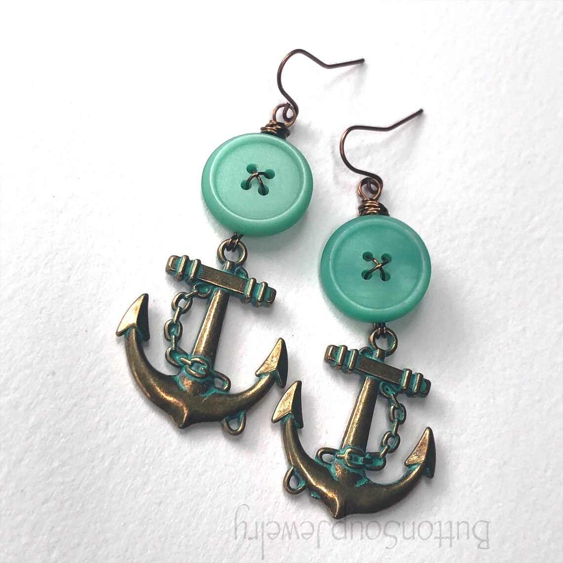 At Sea Vintage Button Dangle Earrings With Brass Anchors Nautical